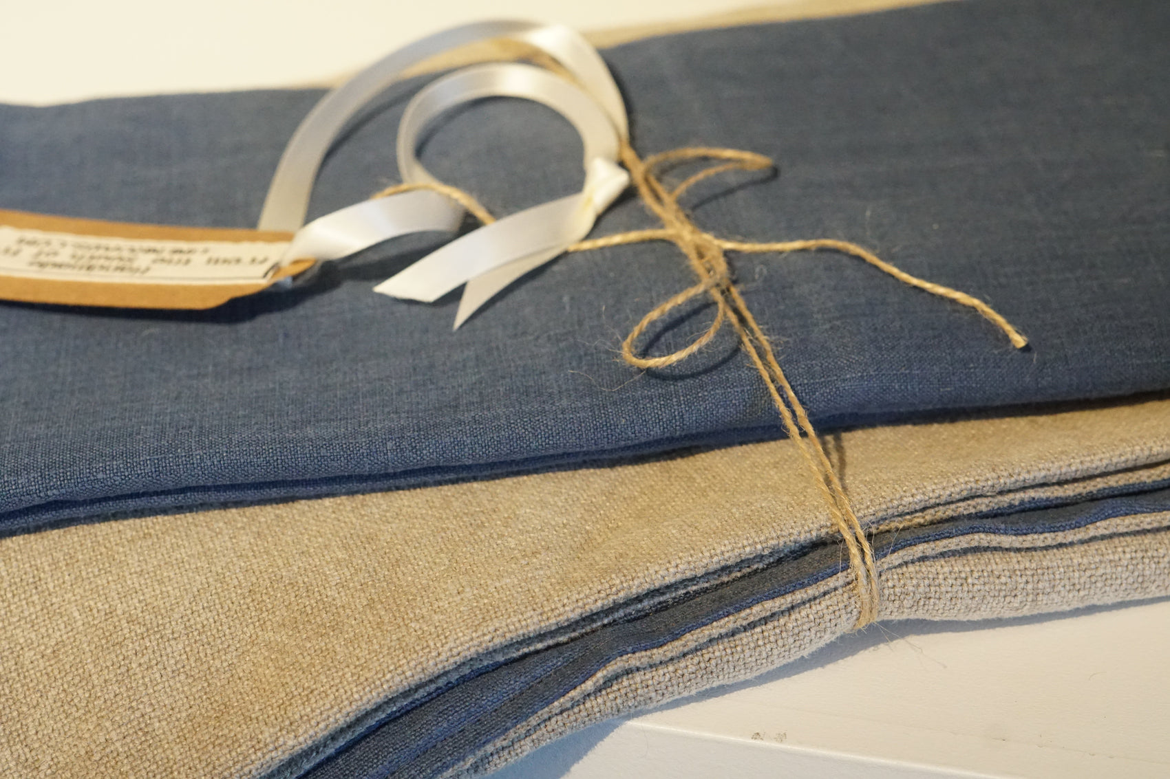 Set of 2 Standard Antique Linen Pillow Cases & Matching Blue & Taupe Bed Scarf