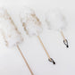 Three feather dusters on a white background