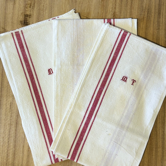 Set of 3 "MT" Embroidered Vintage French Napkins