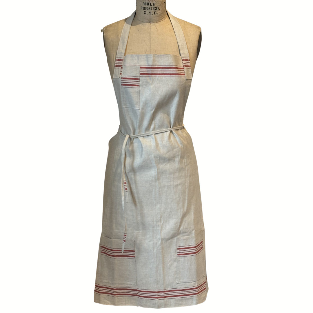 Linen Red Striped Triple Pocket Full Apron