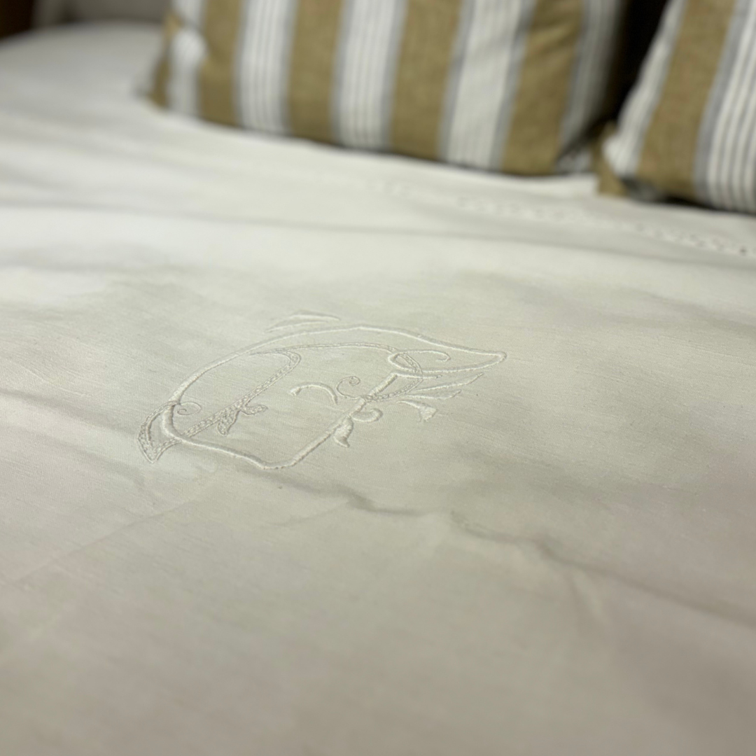 Vintage French Heavy "P" Embroidered Bed Sheet