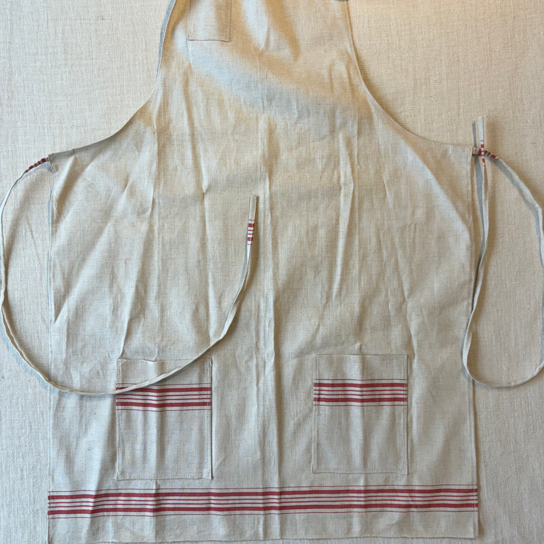 Linen Red Striped Triple Pocket Full Apron