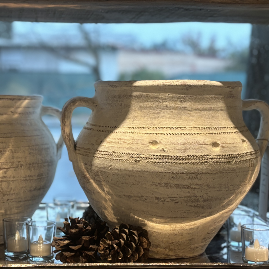 Wide-Handled Turkish White Washed Pots