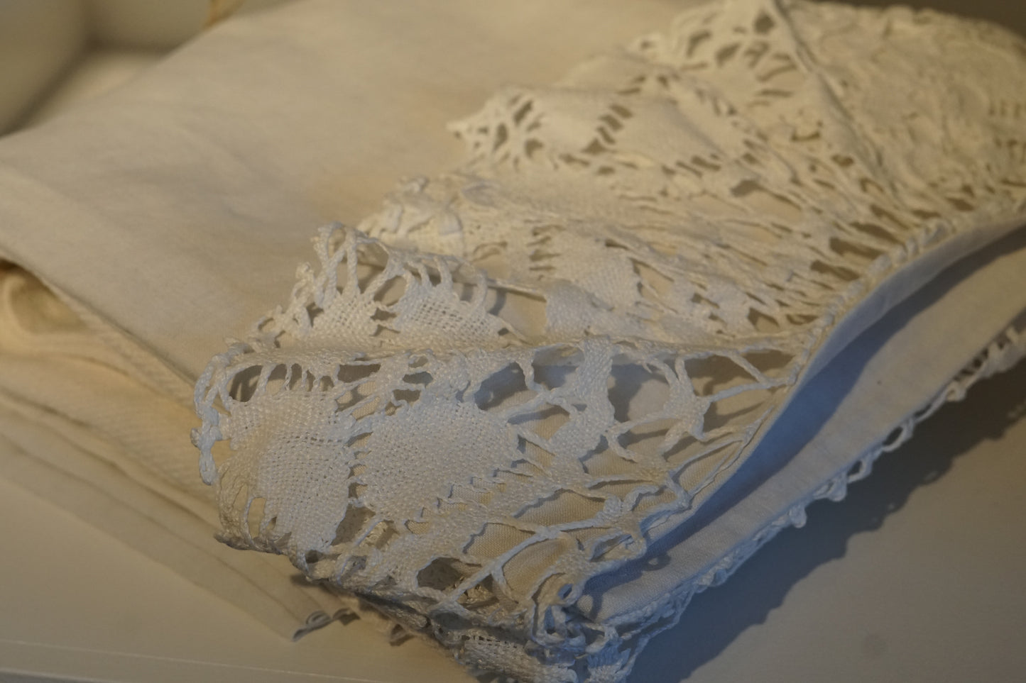Set of 2 White Linen Pillow Cases with Handmade Antique Lace