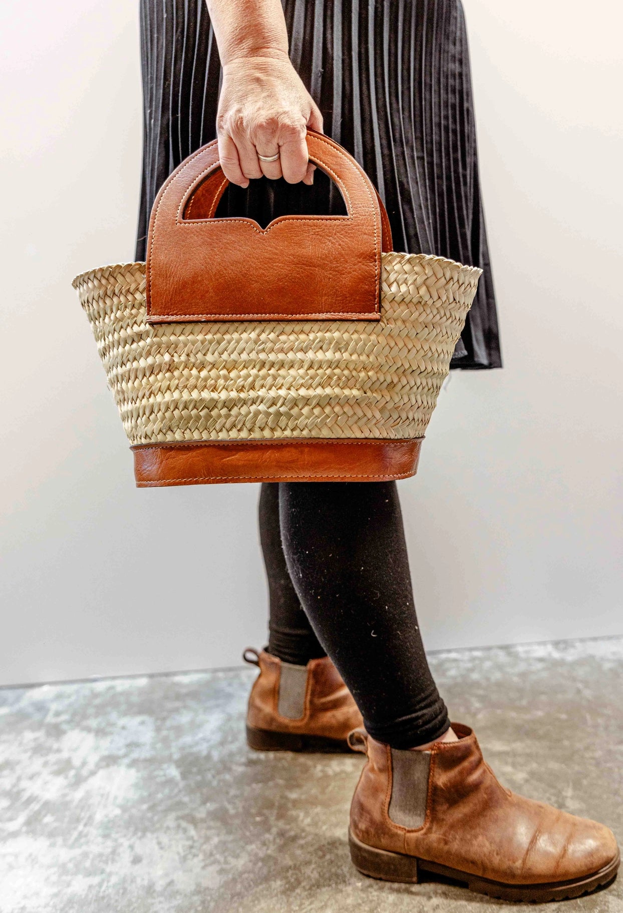 Leather Trim Herringbone Tote, Half Circle