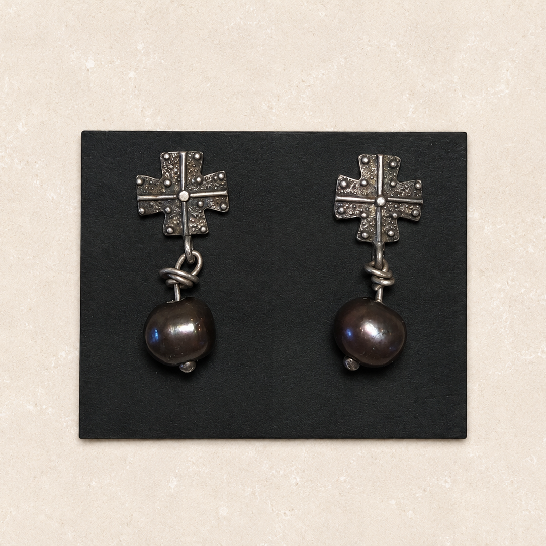 Small Cross Pearl Earrings