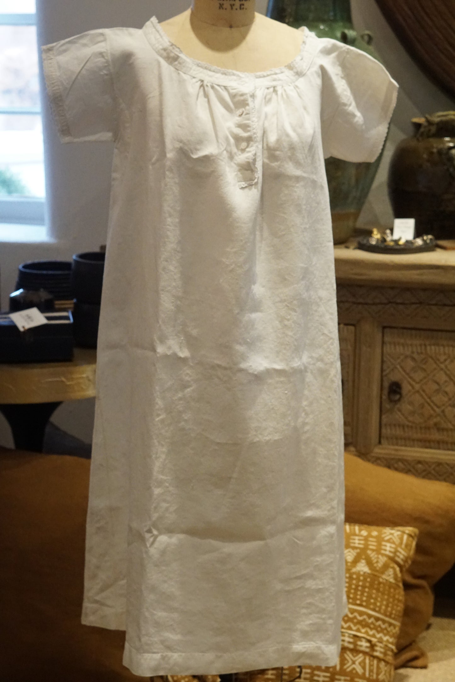 Antique Linen Nightgown with "MA" Embroidery