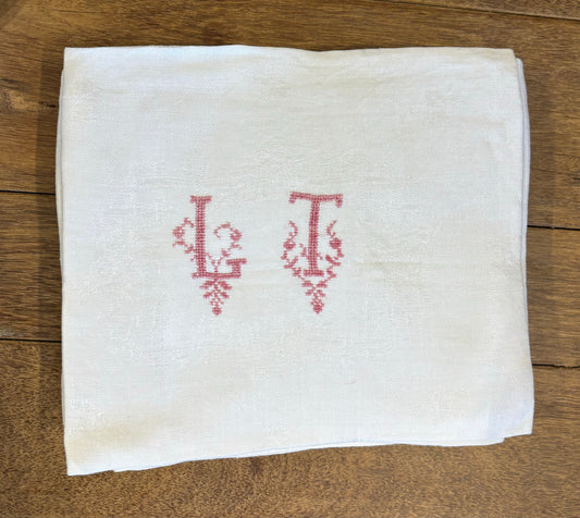 Set of 12 Antique Red "LT" Embroidered French Linen Napkins