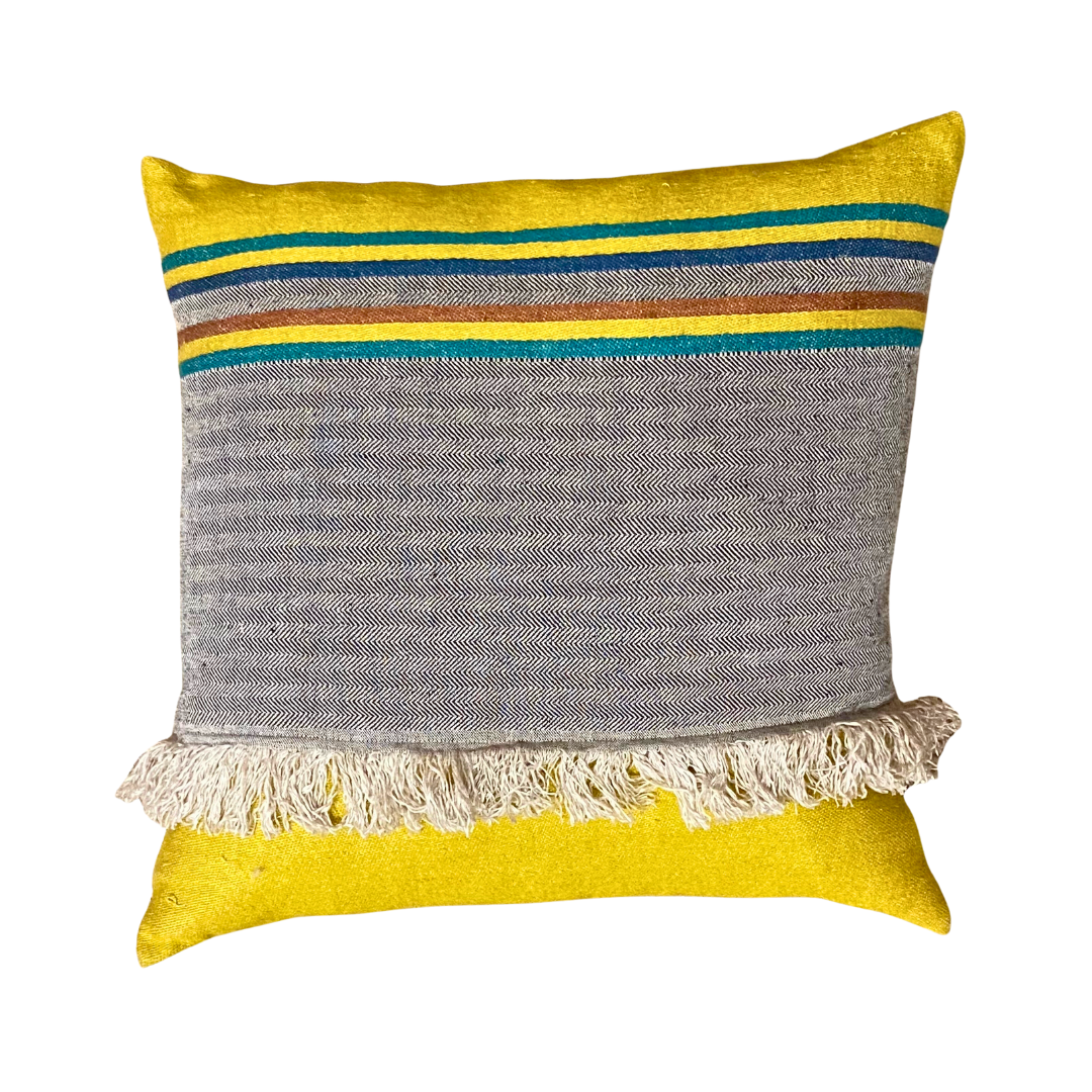 Linen Yellow & Grey Multi Stripe Fringe Pillow