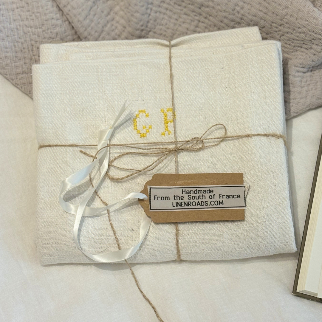 "GP" Embroidered Yellow Linen Pillow Cases (Pair)