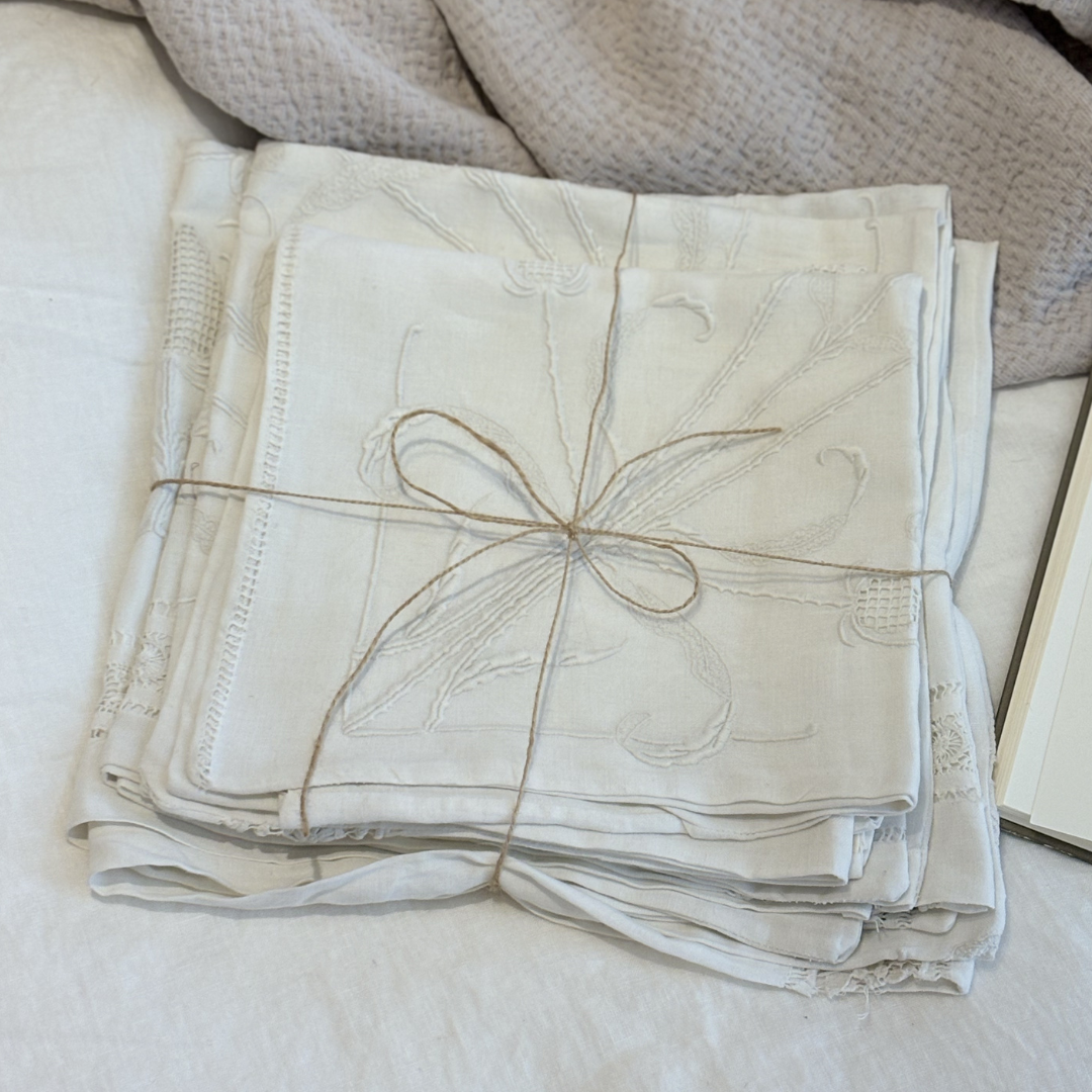 Set of 4 Antique Hand-Embroidered Linen Pillow Cases