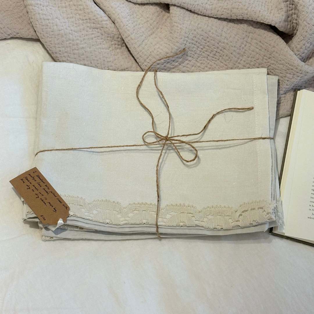 Set of 2 Standard Antique Lace Border Silk Pillow Cases