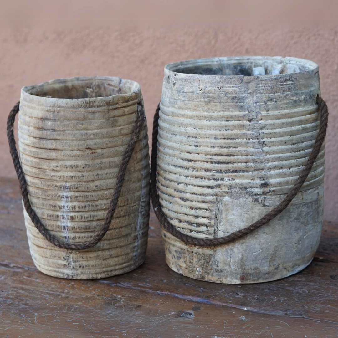 Weathered Timber Pot with Vintage Rope