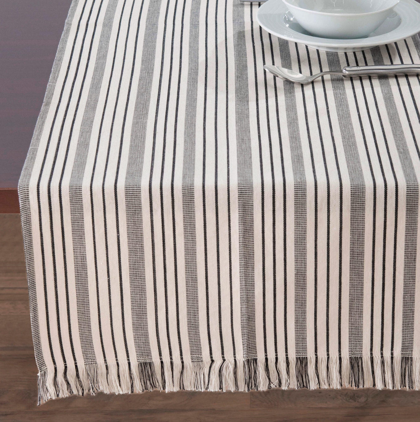 French Home Black and Cream Multi-Striped Table Runner