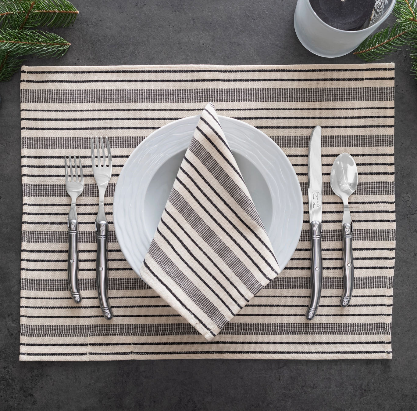 Set of 4 Black and Cream Multi-Striped Placemats