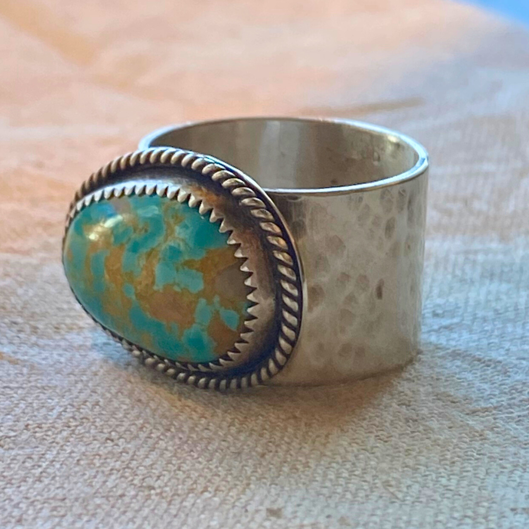 Hammered Silver Band Turquoise Oval Ring
