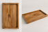 A rectangular wooden tray with a raised rim and recessed center, shown from two angles on a light neutral background. One view shows the top surface with visible wood grain and knot, and the other shows the tray at an angle with its depth and interior edge visible.