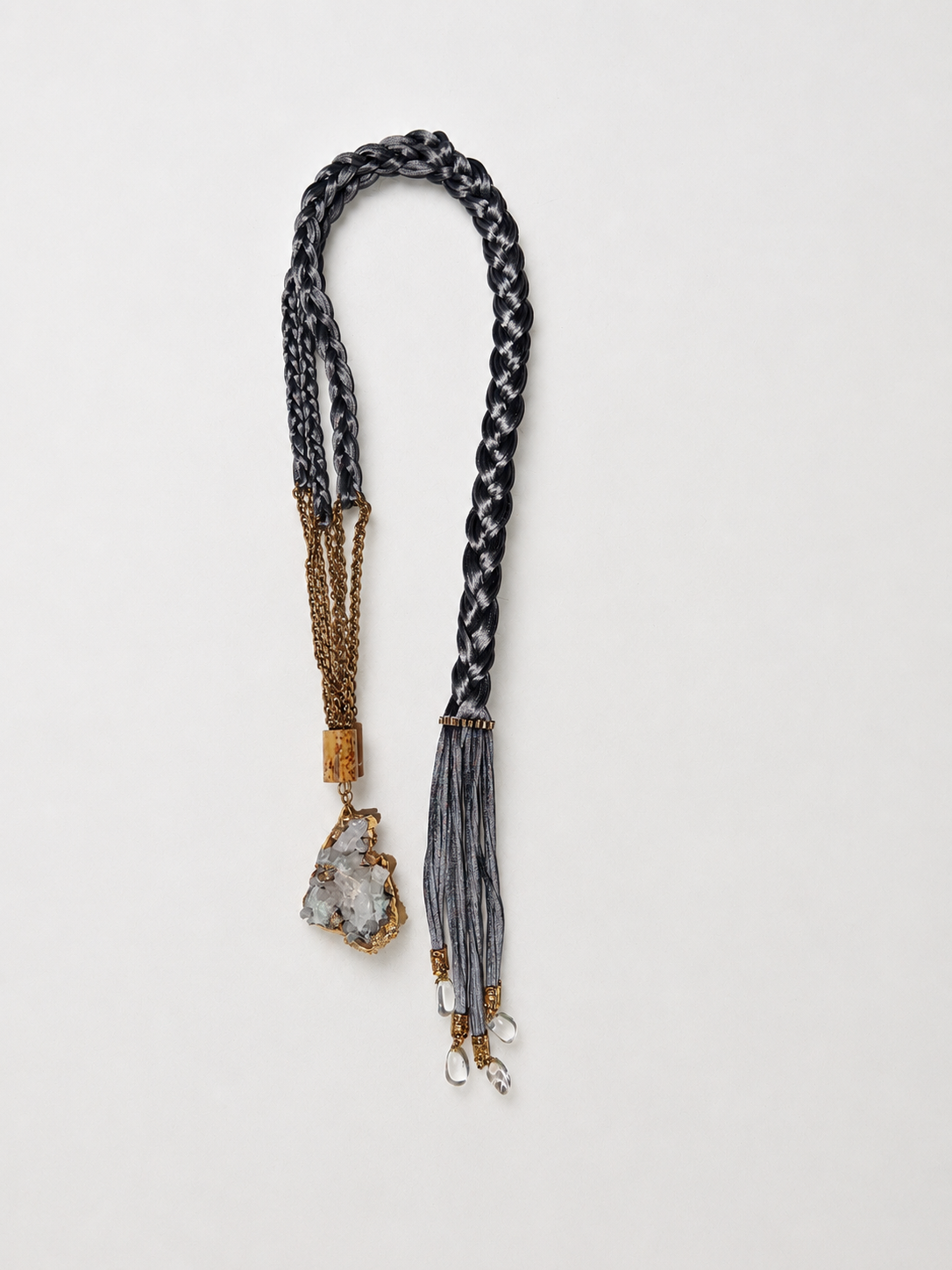 Vintage Quartz 24K Bezel Silk and Bamboo Necklace