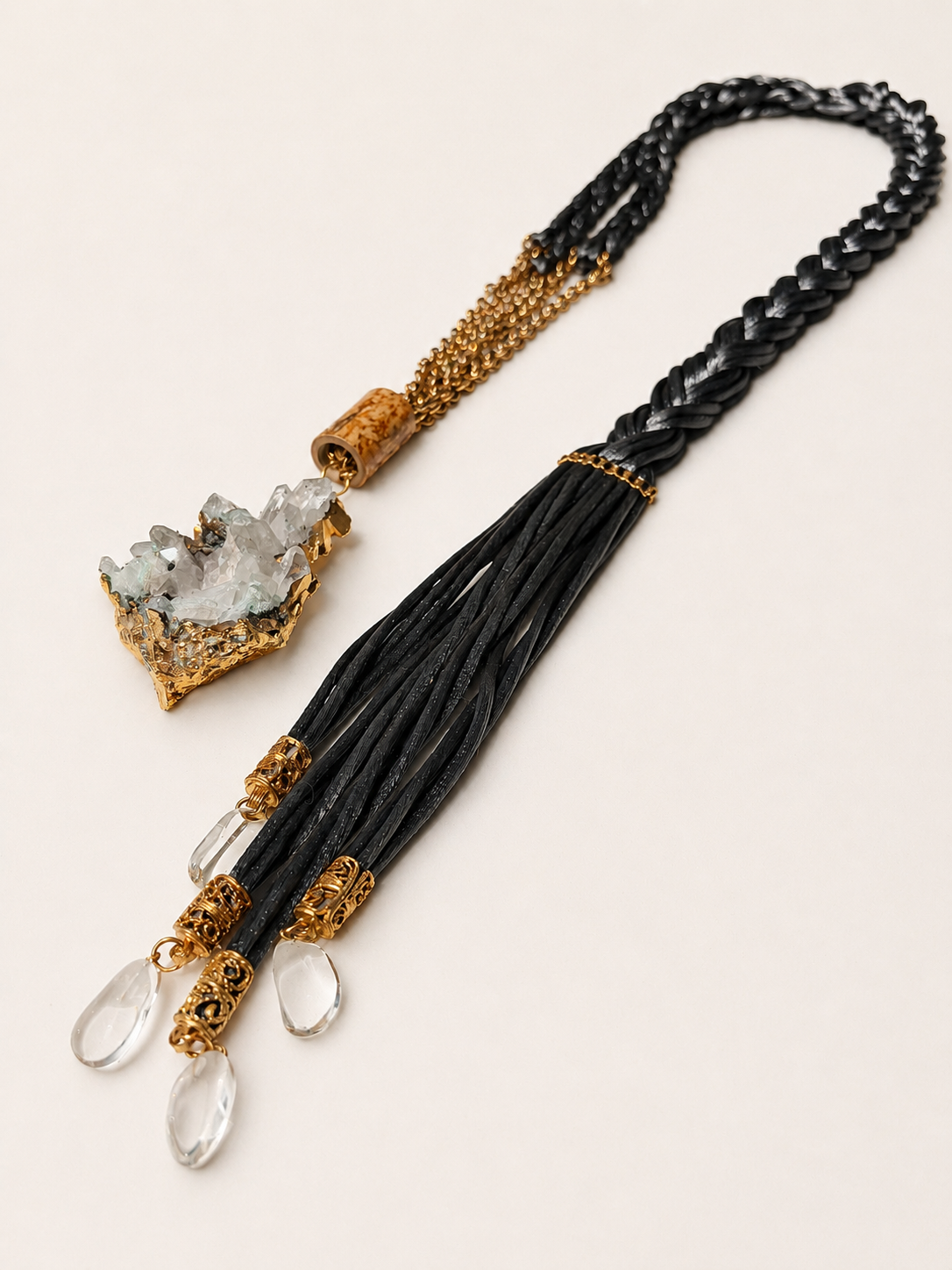 Vintage Quartz 24K Bezel Silk and Bamboo Necklace