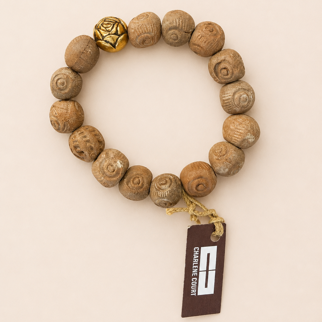Vintage Carved Clay + Gold Rose Beaded Bracelet