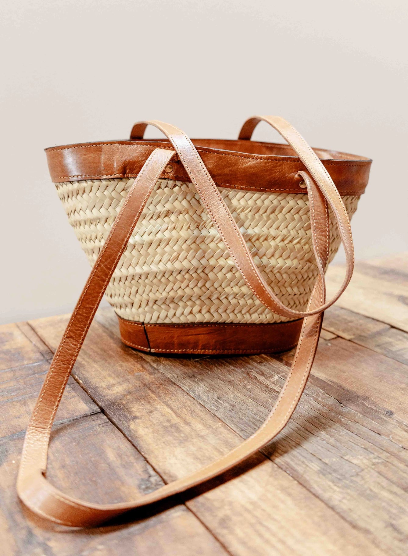 Leather Trim Herringbone Tote, Long Handle