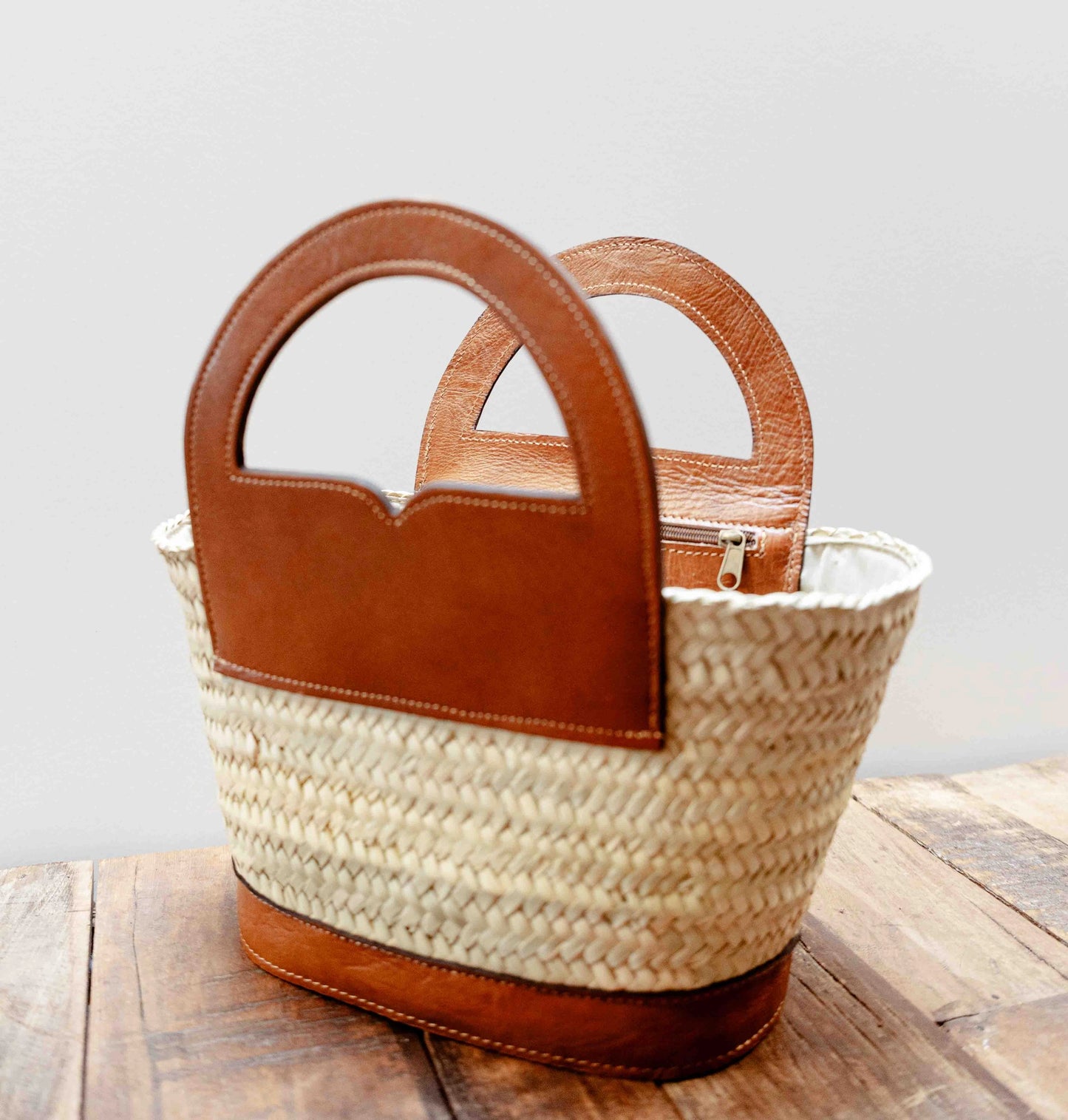 Leather Trim Herringbone Tote, Half Circle