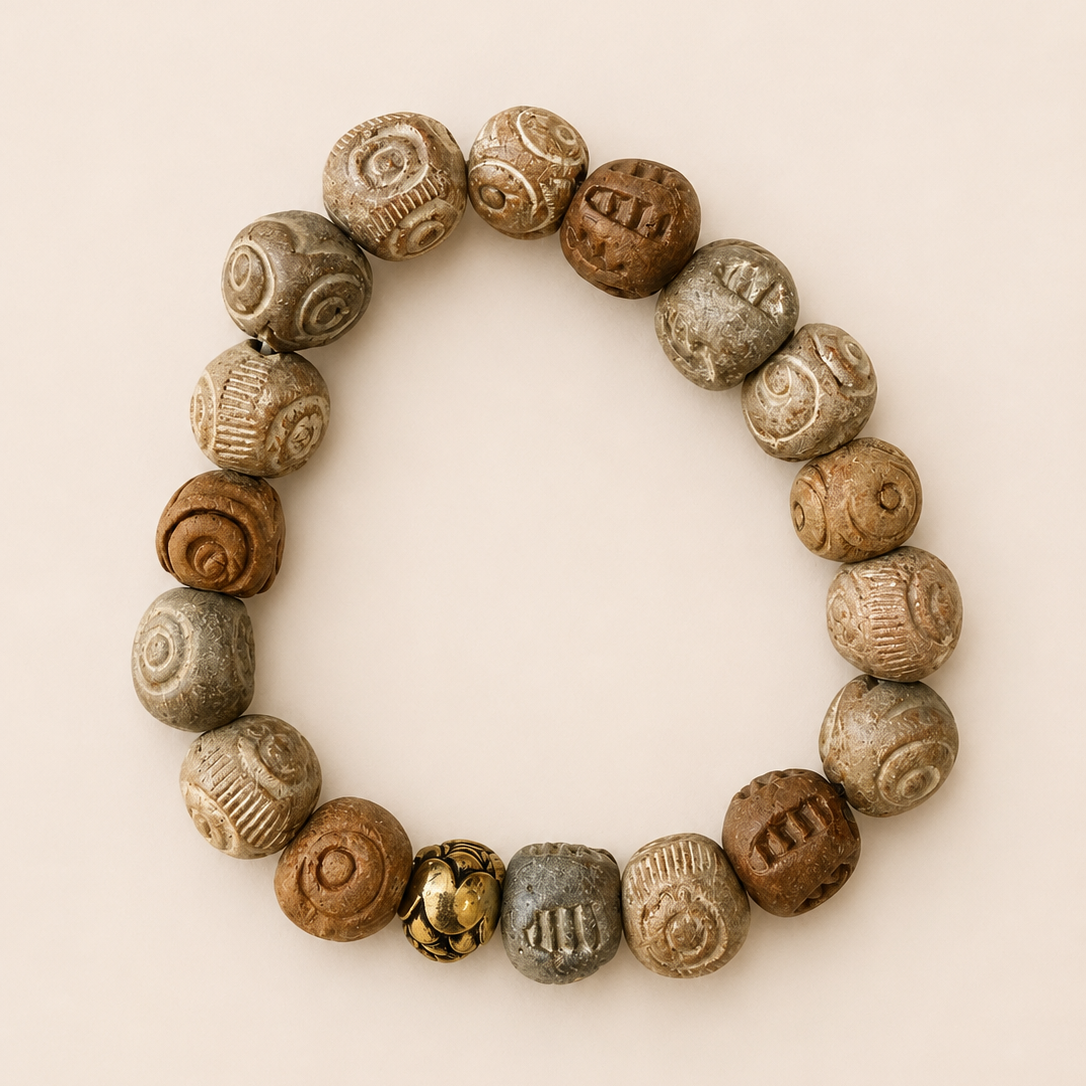 Vintage Carved Clay + Gold Rose Beaded Bracelet