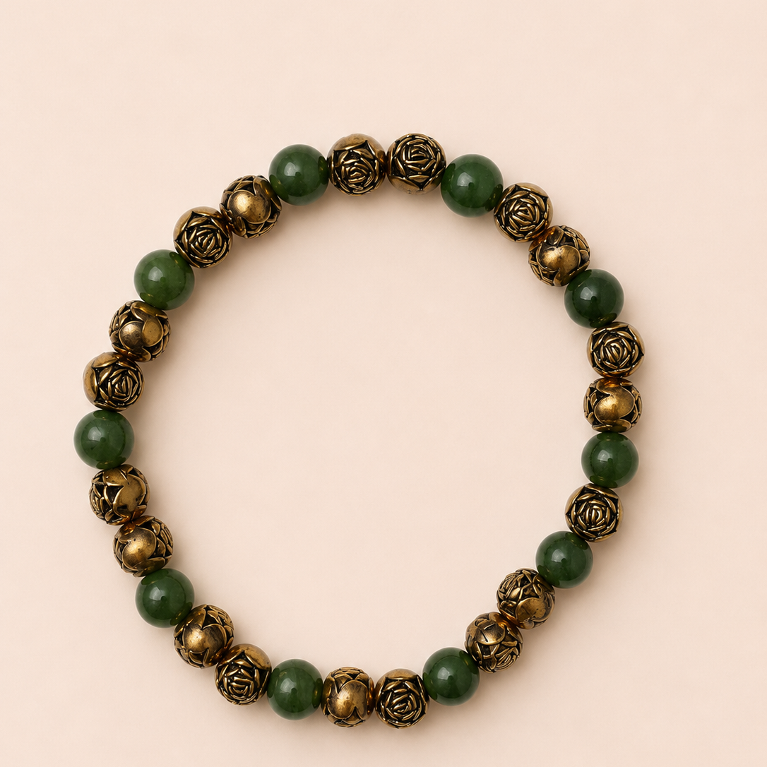 Vintage Nephrite and Mini Gold Roses Bracelet