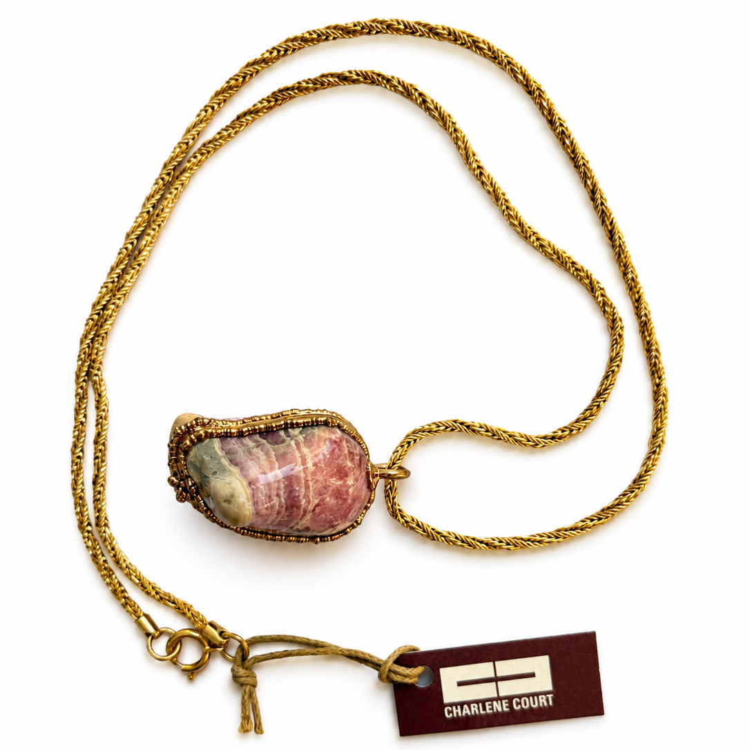 Large Vintage Gold Plated Rhodochrosite Necklace
