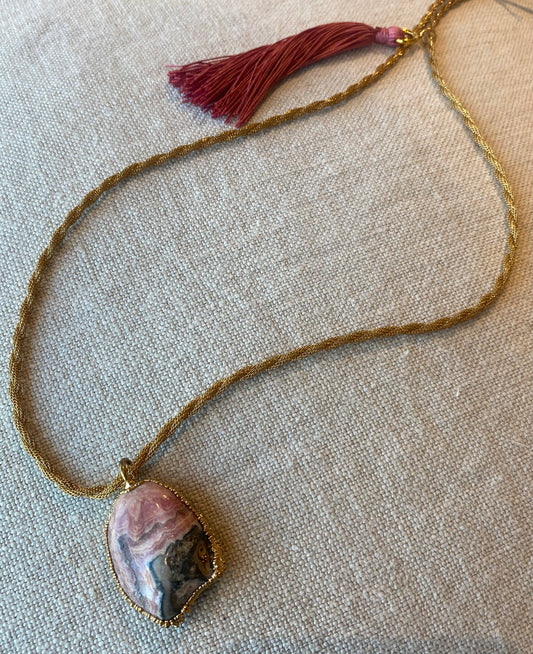 Rhodochrosite Tassel Amulet Necklace