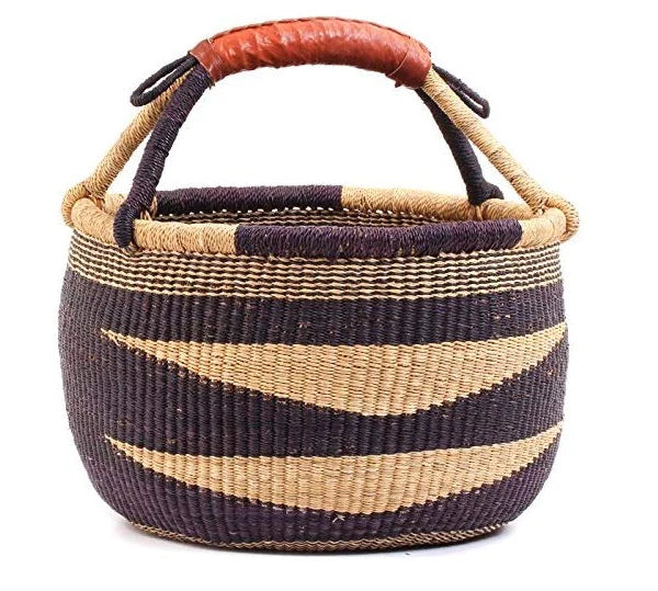 African Market Basket Navy Blue with Brown Handles
