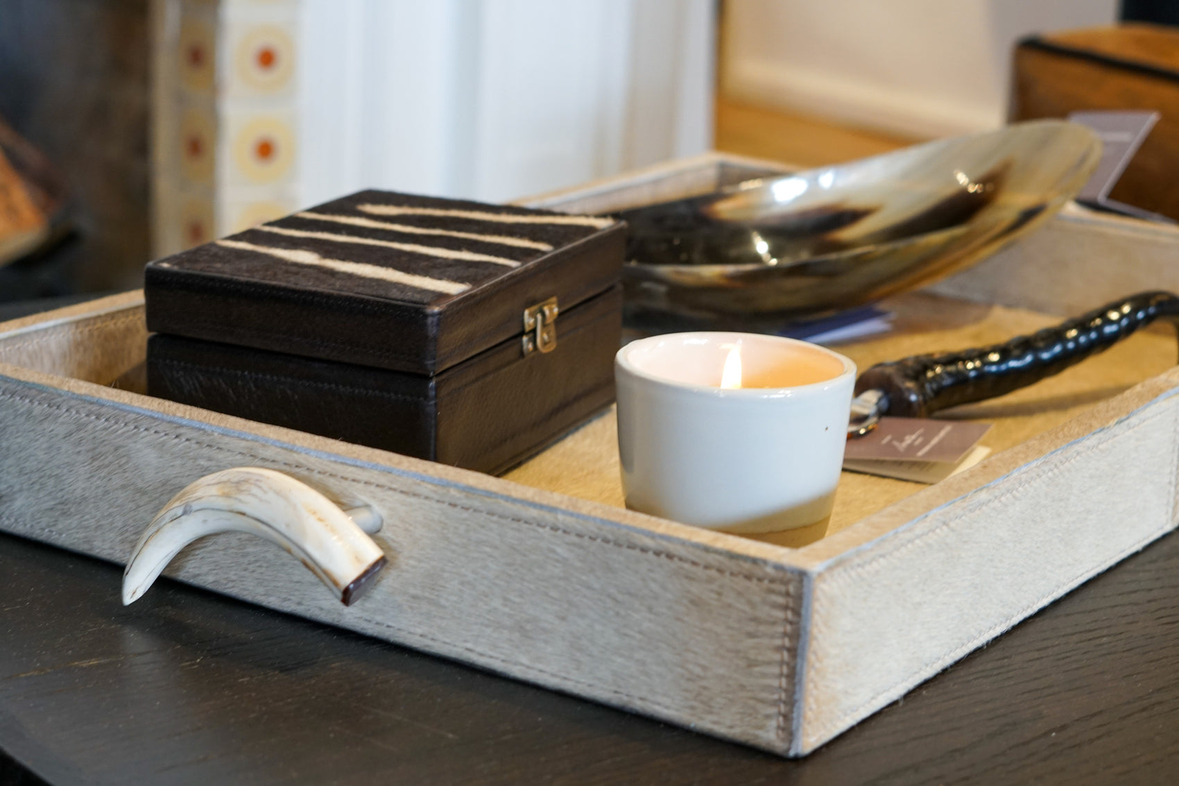 Cream Cow Hide Tray with Warthog Tusk Handles